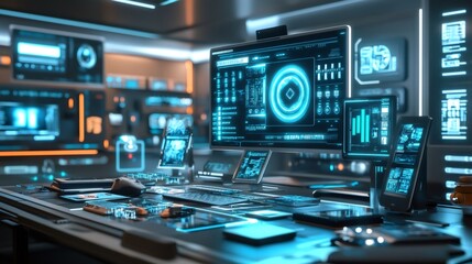 Futuristic computer workstation with multiple monitors displaying digital interfaces.