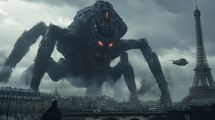 Huge Biomechanical evil monsters take over Paris, under the Eiffel tower, terrorising the city made of metal, steel and electronics of alien natureHuge Biomechanical evil monsters, Generative AI