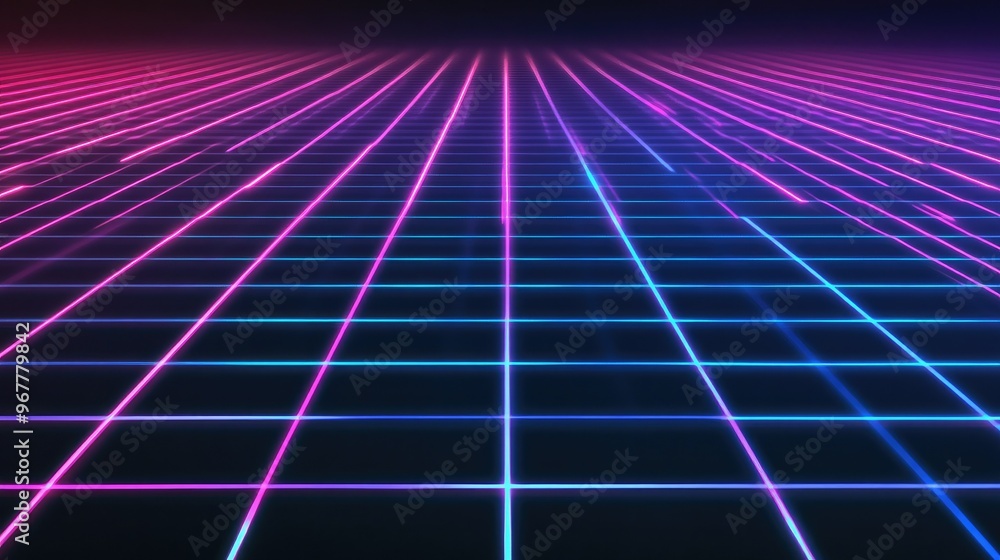 Poster a seamless background with a retro 80s-style grid pattern, featuring neon lines on a dark background