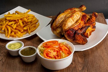 Deliciously charred and smoky Pollo a la Brasa (grilled chicken) served whole and in pieces, accompanied by crispy fries, fresh salad, and a flavorful dipping sauce. A classic Latin American dish, coo
