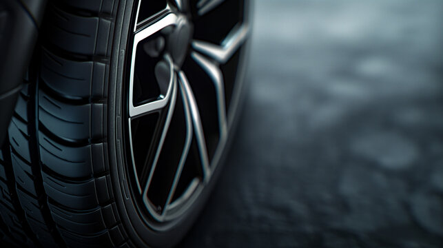 Close-up of a car with car tires and rims against the background of dark asphalt roads with copy space for text or advertising content.