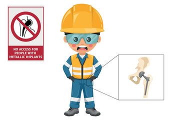 No access for people with metallic implants. Invisible rays causing a rise in temperature of a metallic implant. People not entering a designated area. Endoprosthesis of the hip. Prohibited pictogram