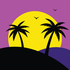 tropical vector with purple palm trees, sunset, and flying birds. Ideal for travel branding