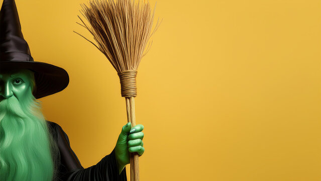 Fundo amarelo pastel. Bra&ccedil;o verde de bruxa segurando vassoura de palha.
