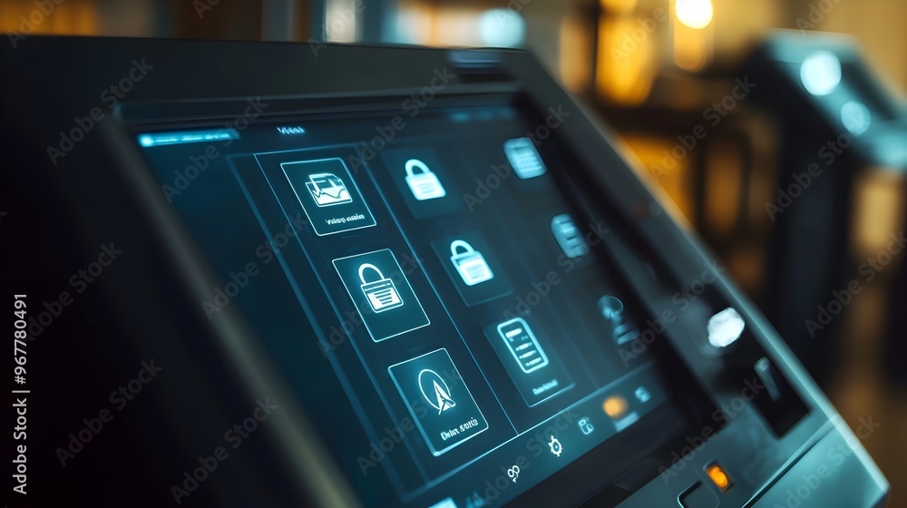 Aufkleber close-up view of a digital voting machine interface with security icons