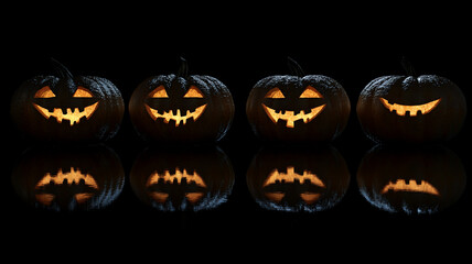 Illuminated Halloween pumpkins on a black background.