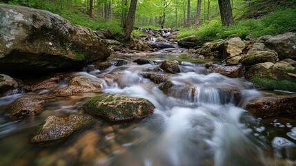 Fototapeta premium A serene stream flows over rocks in a lush, green forest.