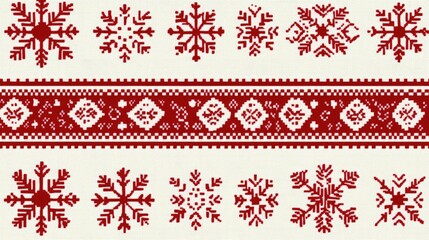 A seamless Christmas background with traditional Scandinavian patterns in red and white, creating a warm, cozy feel