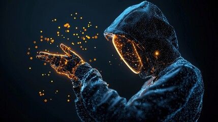 A mysterious figure in a hooded cloak creates glowing particles with their hands, embodying technology and digital magic.