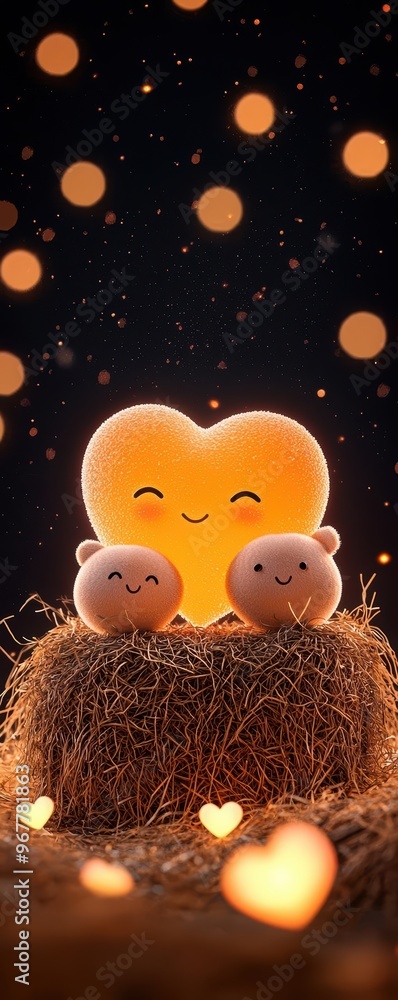 Poster a whimsical scene featuring a glowing heart and smiling characters, set against a dreamy backdrop of