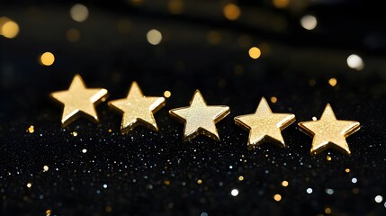 Photography Depicting A Gold Five Star Review On A Simple Black Background