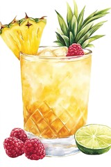 generate a watercolor print of a yellow colored margarita in a short rocks glass no stem on glass