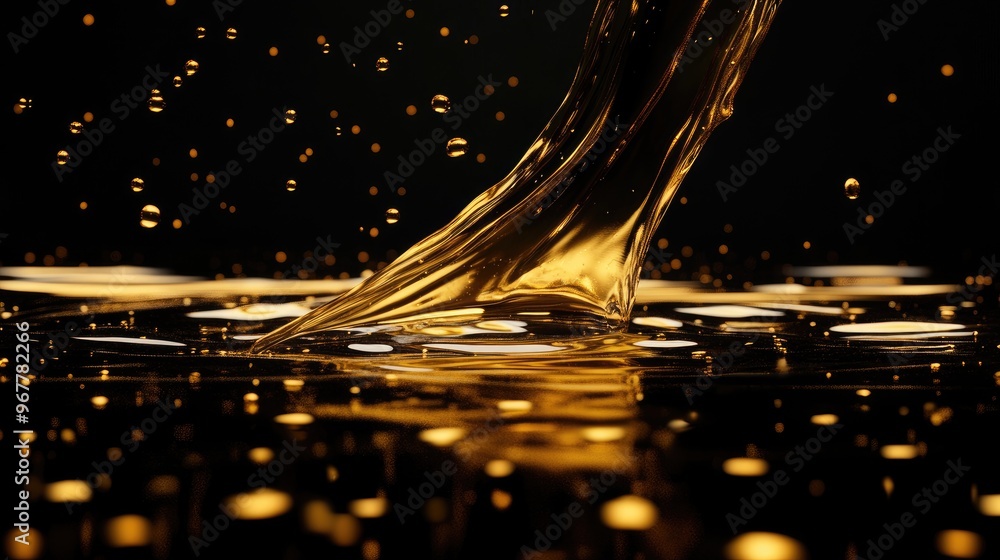 Poster 3d rendering of liquid gold suspended in mid-splash, capturing droplets and reflections in stunning 