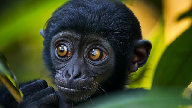 close up black baby monkey face in nature forest