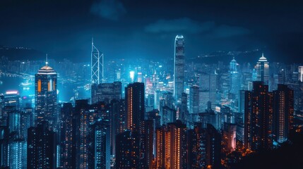 Obraz premium A vibrant city skyline illuminated at night, showcasing modern architecture and urban life.