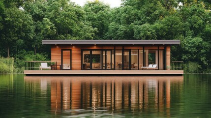 Obraz premium Modern wooden house on a lake with a forest background.