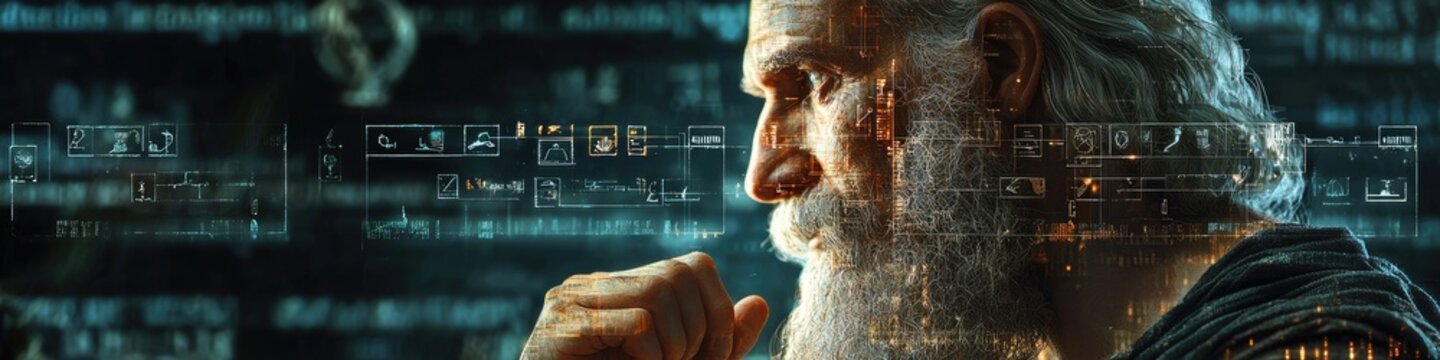 Latin philosopher immersed in ancient symbols and texts blending modern and classical wisdom
