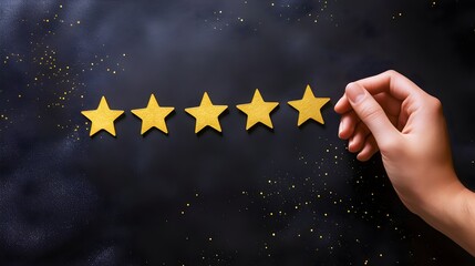 Photography Depicting A Hand Giving A Gold Five Star Review On A Simple Background