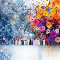 A vibrant artwork depicting a group amidst colorful flowers, symbolizing nature's beauty and harmony in a dreamy landscape.