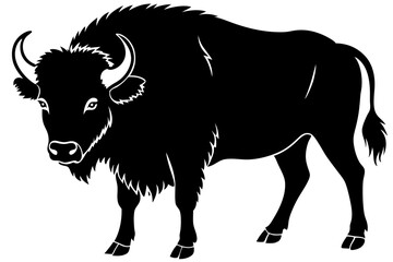A black and white illustration shows an isolated cute farm animal, a bull and a cow, a mammal of the cattle family, in silhouette against a white background