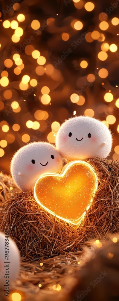 Poster cute characters with a glowing heart, surrounded by soft light and warm bokeh, creating a delightful