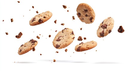 Cookies falling from above, crunchy and sweet, mid-air capture, isolated on white