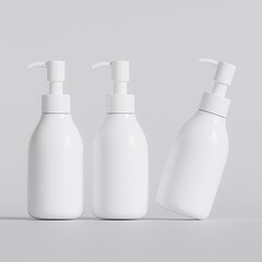 Plastic bottle pump white color, realistic 3D render illustration on gray background