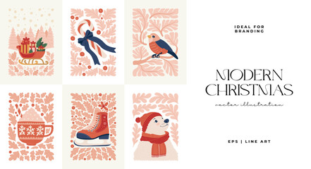 Merry Christmas and Happy New Year illustration. Modern trendy minimal style. Hand drawn design for wallpaper, wall decor, print, postcard, cover, template, banner.