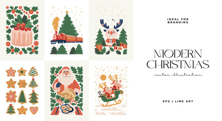 Merry Christmas and Happy New Year illustration. Modern trendy minimal style. Hand drawn design for wallpaper, wall decor, print, postcard, cover, template, banner.