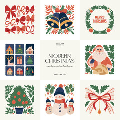 Merry Christmas and Happy New Year illustration. Modern trendy minimal style. Hand drawn design for wallpaper, wall decor, print, postcard, cover, template, banner.