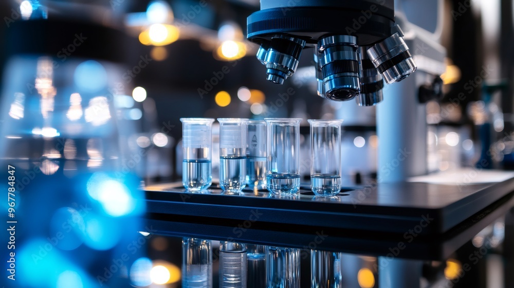 Poster microscope with test tubes in laboratory setting.