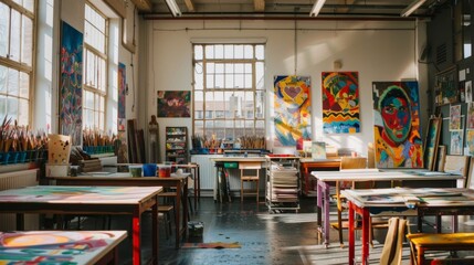 Naklejka premium Bright and Creative Art Studio Filled with Colorful Paintings and Art Supplies