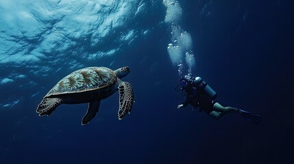 Obraz premium A diver swimming alongside a giant sea turtle in the deep blue ocean, both moving effortlessly through the water.