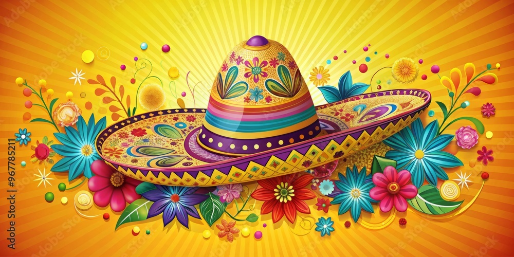 Wall mural colorful illustration of a festive sombrero adorned with vibrant flowers, swirling patterns, and int