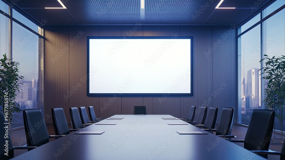Poster empty boardroom with a large screen, conference table set for a seminar, modern and minimalist desig