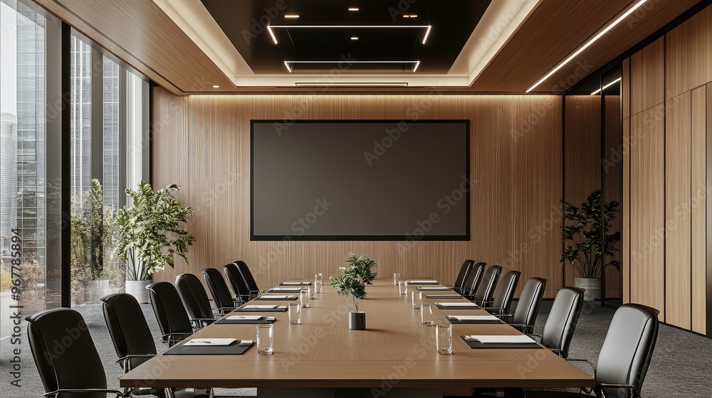 Poster empty boardroom with a large screen, conference table set for a seminar, modern and minimalist desig