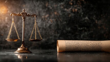 Scales of justice balanced with ancient scrolls and modern technology, symbolizing the evolution of law, past vs present law, historical justice