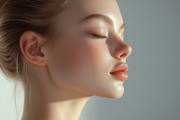 Fototapeta premium Serene close-up portrait of a woman with flawless skin, closed eyes, and calm expression, highlighting natural beauty and tranquility.