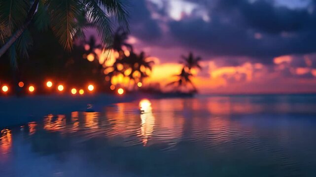 timelapse peaceful seascape at sunset beach with coconut tree sway in wind, gradient sky