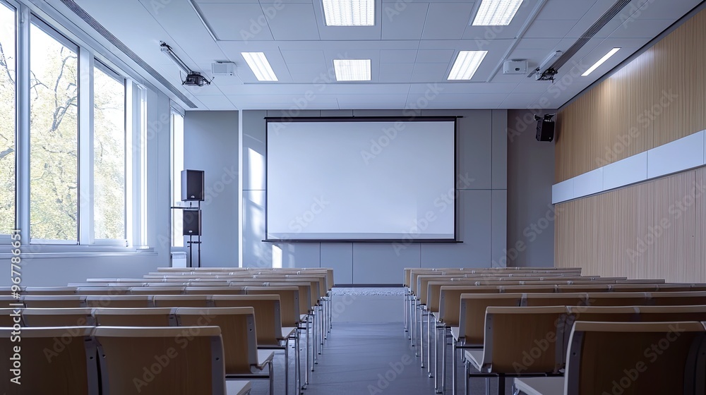 Poster empty seminar room with a large interactive whiteboard, clean and ready for training session