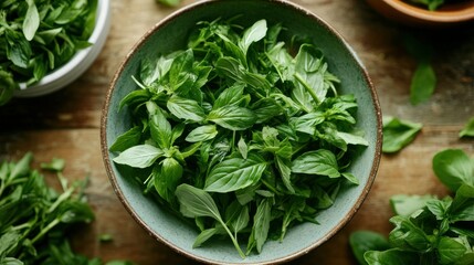 A bowl filled with fresh green herbs on a wooden surface.