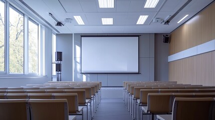 Empty seminar room with a large interactive whiteboard, clean and ready for training session