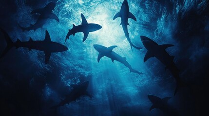 Fototapeta premium A group of sharks swimming silently through deep blue waters, creating an awe-inspiring, slightly eerie underwater scene.