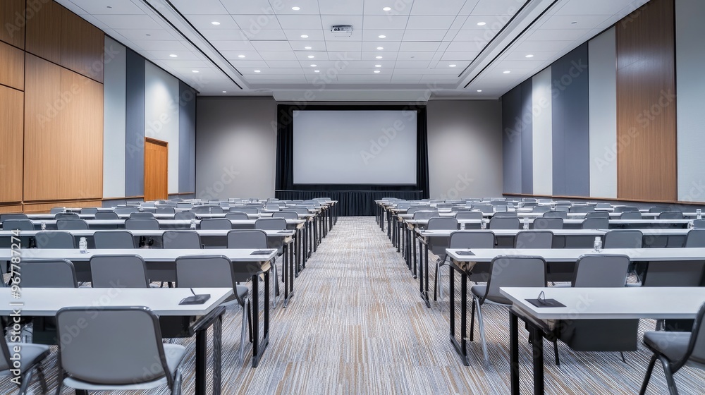 Poster empty seminar space with rows of tables and chairs, projector setup ready, clean and modern design