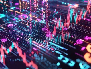 Futuristic digital data visualization with vibrant colors, depicting fluctuating graphs and trends in technology and finance.