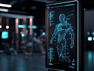 Futuristic digital display of human anatomy in a modern fitness center, showcasing technology and innovation in health.