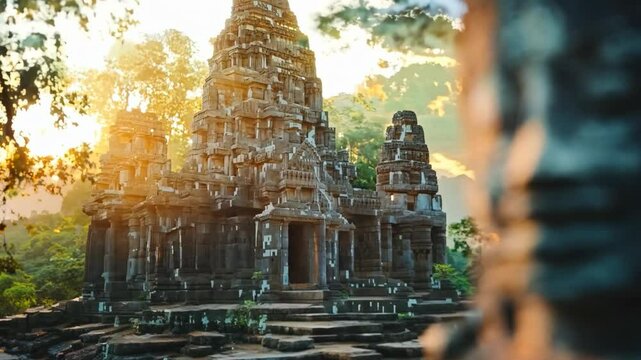 ancient historical Bayan temple with Buddhism sculpture  with sunlight ray