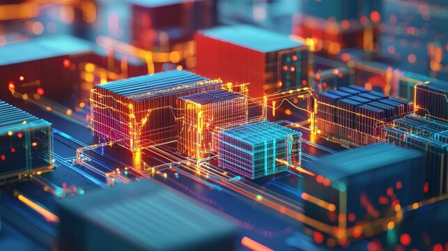 Futuristic digital landscape with glowing circuits and data blocks, showcasing advanced technology and innovation in electronics.