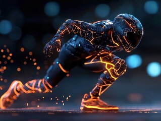 Futuristic runner with glowing circuitry in a dynamic pose, showcasing advanced technology and energy in motion.