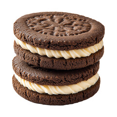 Two round chocolate sandwich cookies with white cream isolated on transparent background.